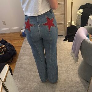 Free People Blue and Red Flare Jeans with Star Accents